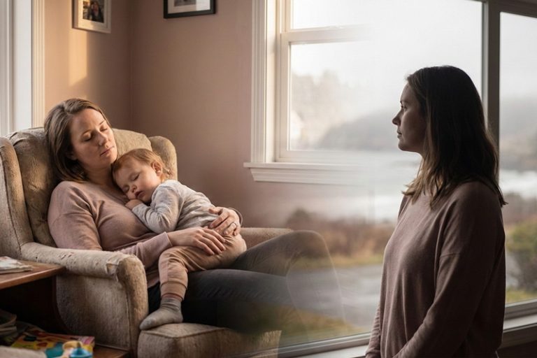 Doppelbelichtung einer Frau – eine Hälfte zeigt sie als Mutter (mit Kind/im Alltag), die andere als Individuum (nachdenklich, für sich)